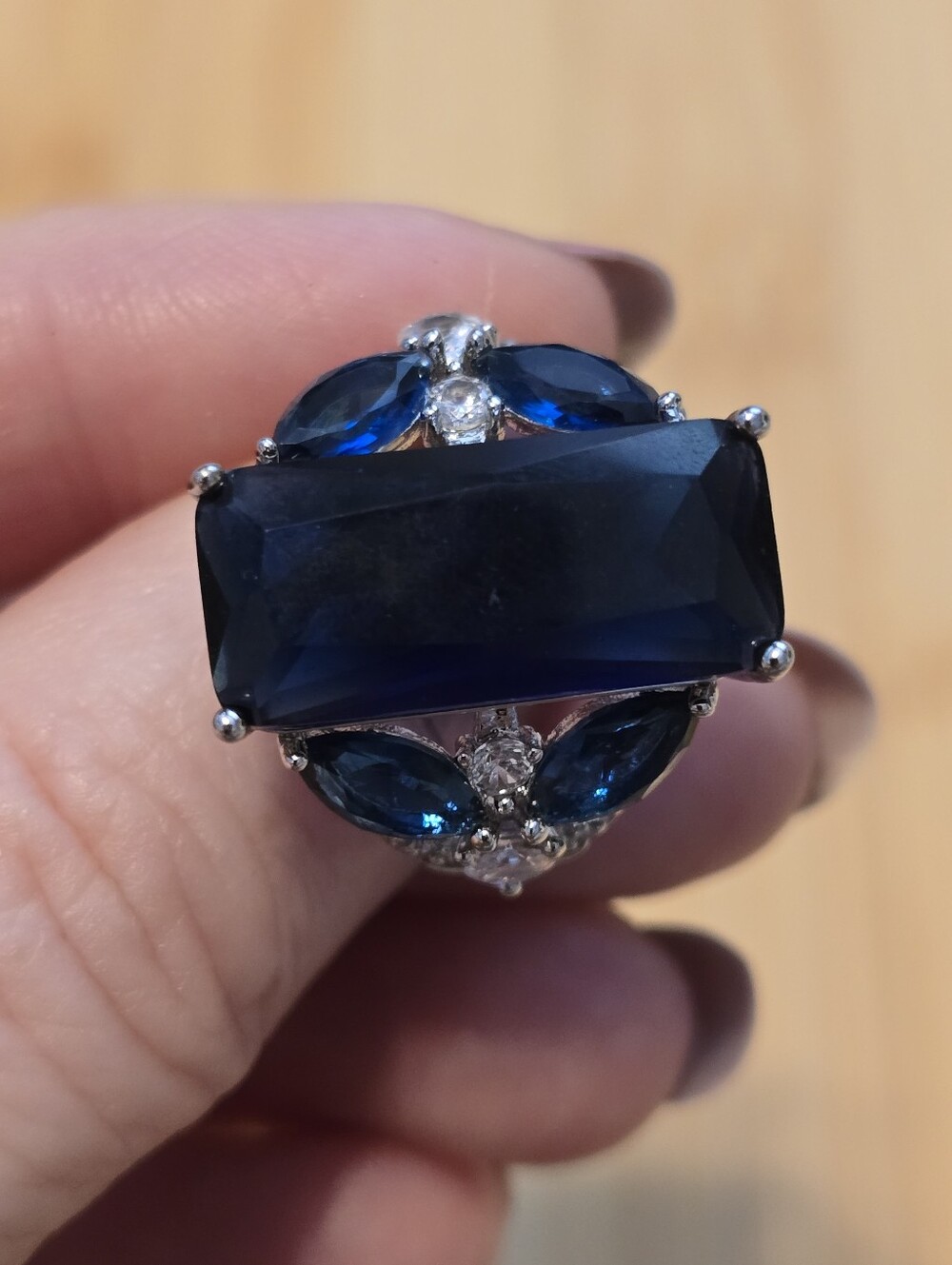 Blue Sapphire Emerald Cut Cocktail Ring Silver Statement Cluster Band